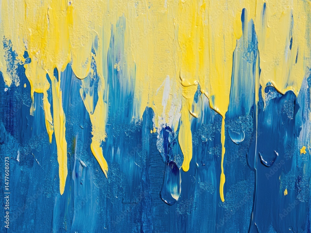 Poster abstract painting featuring vibrant yellow and blue colors with textured brush strokes. creating a d