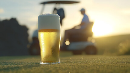 Refreshing beer on the green at sunset. A light brew sits on the course as a golfer drives by in their cart.