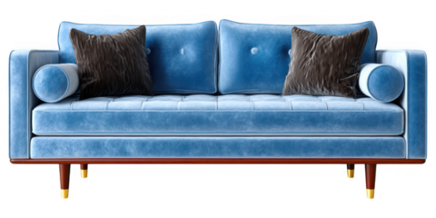 Elegant Light Blue Velvet Sofa with Dark Brown Pillows Modern Home Decor