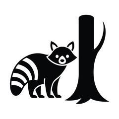 Elegant black and white silhouette of a raccoon standing beside a tree in minimalist style