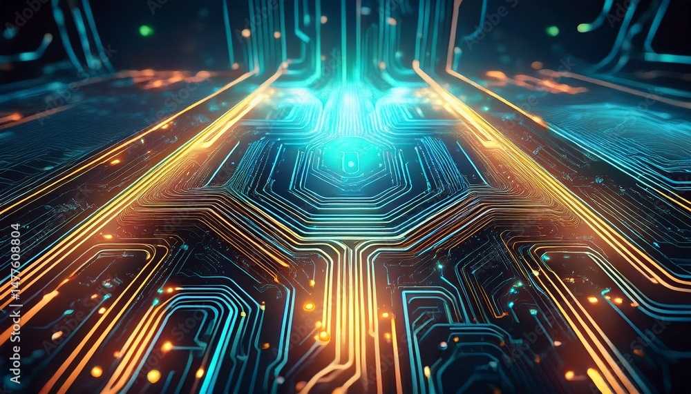 Poster a close up of a circuit board with glowing pathways forming a tech blueprint