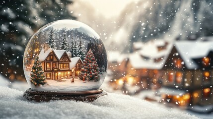 Snowy Christmas village snow globe on snow with mountain background