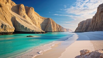 Stunning turquoise water laps a pristine white sand beach, nestled between dramatic, towering cliffs. A picturesque paradise.