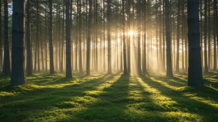 Fototapeta premium Sun shining through a forest of tall trees.