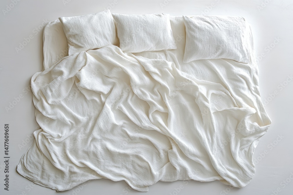 Poster a close-up view of softly draped. wrinkled white fabric creating a serene and minimalist aesthetic. 
