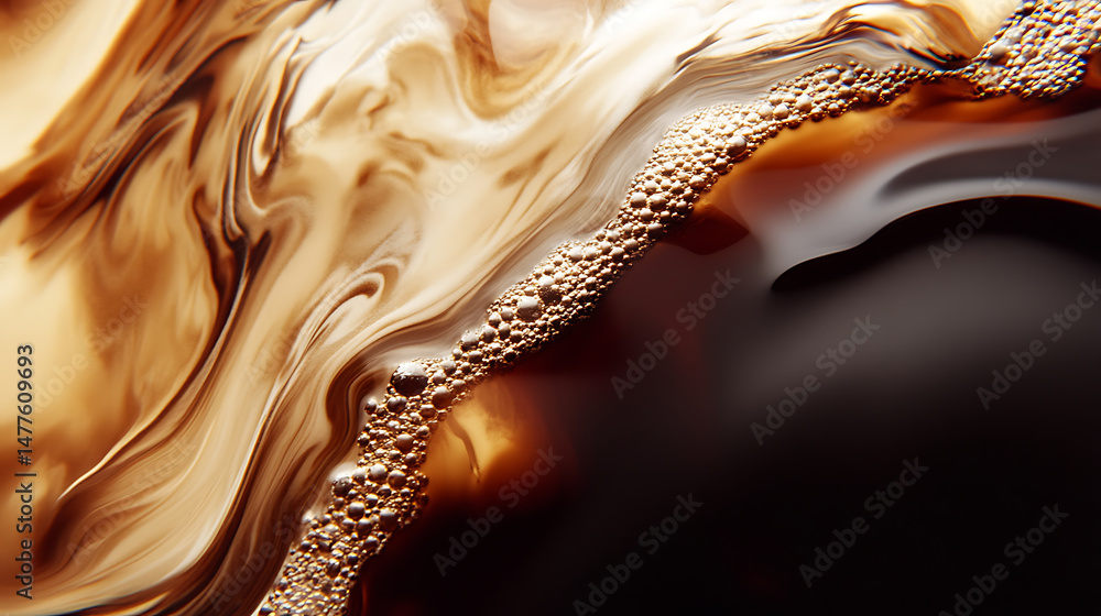 Poster abstract brown liquid surface with swirling patterns and small bubbles along a line, transitioning t
