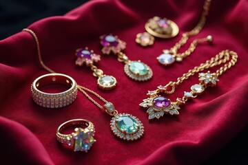A lavish display of expensive jewelry and accessories on a velvet cloth , glamour, display