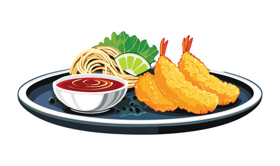 Fried Tempura Shrimp with Dipping Sauce and Lime - Vector Illustration