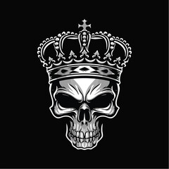 A dark, gothic-style illustration of a human skull wearing a royal crown, symbolizing death, power, and authority.

