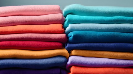 Stacks of colorful folded fabrics or sweatshirts arranged neatly in rows