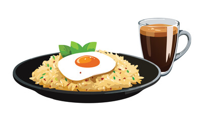 Fried Rice with Egg and Fresh Herb Garnish and Drink - Vector Illustration