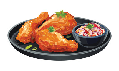 Fried Chicken Platter with Red Onion Garnish - Vector Illustration