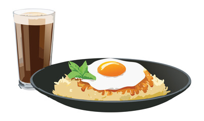 Fried Egg Over Rice with Cold Drink - Vector Illustration