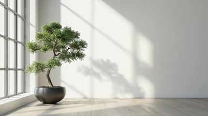 Fototapeta premium A serene indoor space featuring a beautifully shaped bonsai tree in a modern black pot. illuminated by soft sunlight streaming through large windows. creating a peaceful atmosphere