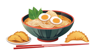 Ramen Noodles with Half-Boiled Egg and Dumplings - Vector Illustration