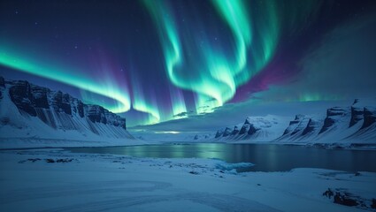 Mesmerizing aurora borealis dances across the night sky, casting an ethereal glow on a serene winter landscape. The vibrant green and purple hues illuminate snow-covered mountains and a frozen lake.