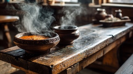 Rustic soup scene, steaming bowls on wooden table