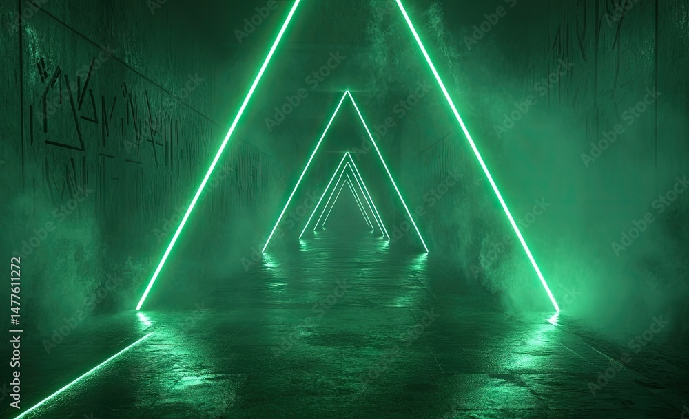 Poster a mysterious underground corridor illuminated by glowing teal neon lights. surrounded by ancient car