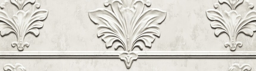 Intricate white floral plaster molding design showcasing elegant craftsmanship. set against a smooth gray wall. ideal for interior design inspiration and architectural details