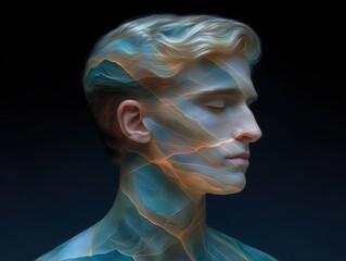 Captivating portrait of a serene young man showcasing intricate patterns of light and texture on his face suggesting themes of introspection identity and digital symbolism