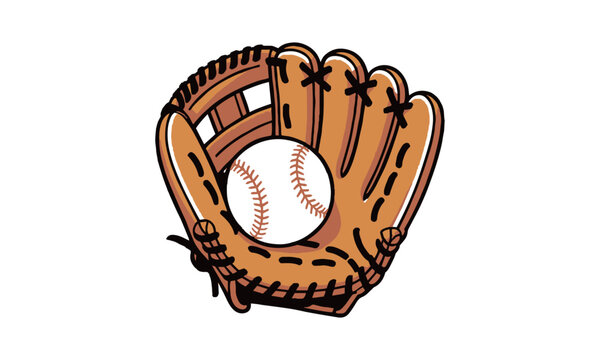 Modern vector illustration of a brown leather baseball glove catching a white baseball, easily scalable and editable.