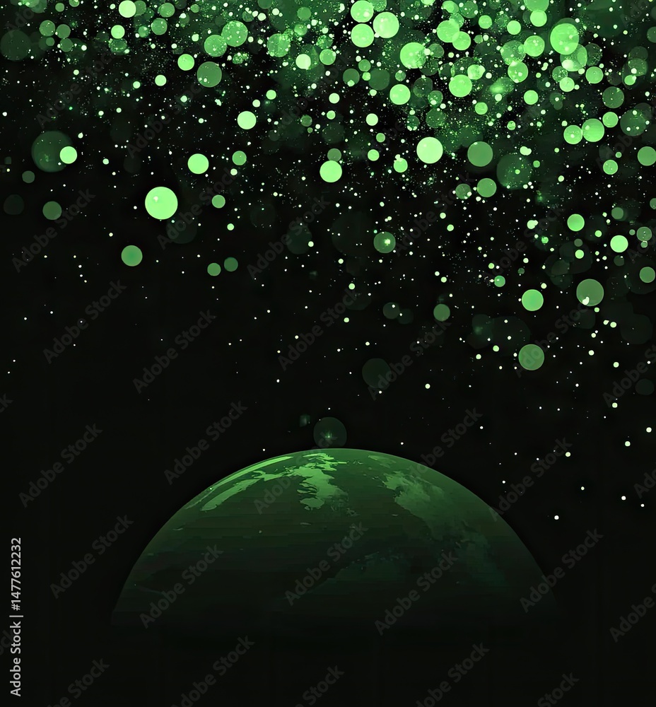 Poster a vibrant green cosmic scene showcasing a glowing planet surrounded by luminous particles. creating 