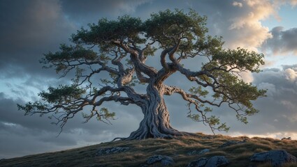 Ancient tree with gnarled branches reaching towards a dramatic sky. A timeless image evoking strength and resilience.