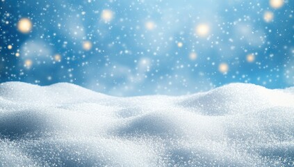 Fototapeta premium A serene winter landscape featuring a soft blanket of snow glistening under gentle snowfall. with blurred warm lights in the background creating a magical atmosphere