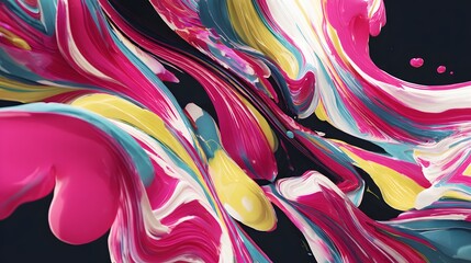 Fototapeta premium Colorful Paint Swirls: A vibrant explosion of pink, teal, yellow, and white paint in dynamic fluid motion.