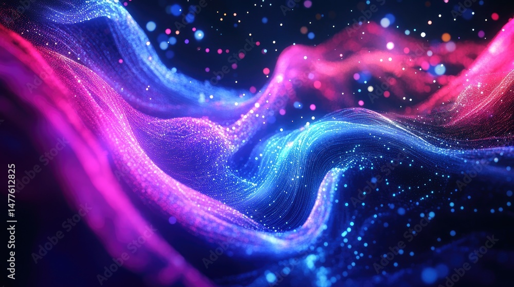 Poster vibrant abstract wave of colorful particles flowing smoothly through a dark space. creating a mesmer