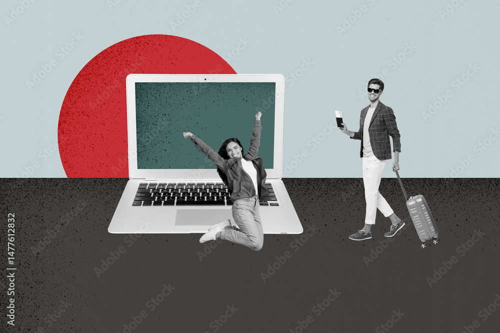 Poster image zine trend photo collage of two happy businesswoman businessman stand laptop keypad programmin