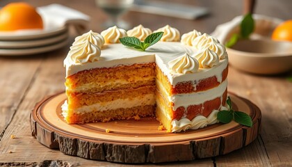 A succulent orange cream cake, adorned with elegant frosting, sits on a rustic wooden board Ample space surrounds it, background,  orange zest