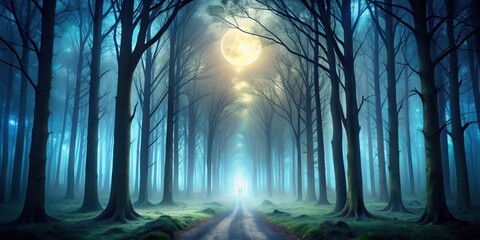 Obraz premium Enchanted Forest Path Under a Full Moon's Glow Two Figures Walk Towards a Mystical Light at the End of a Misty, Tree-Lined Road