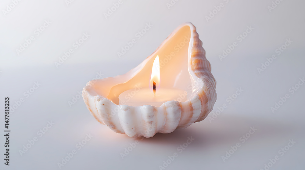 Poster tranquil candlelight within a seashell, creating a calming and serene ambiance on a minimalist setti
