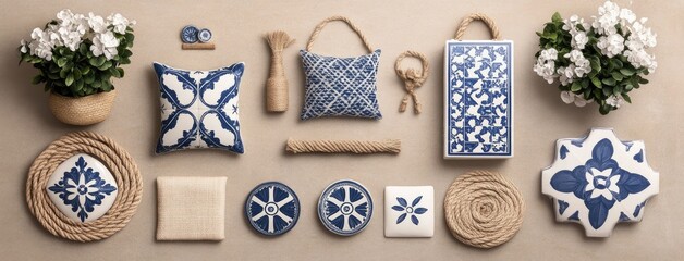 A mood board showcases blue and white tiles, woven rugs, textured fabrics, and natural elements for an inspiring decor project