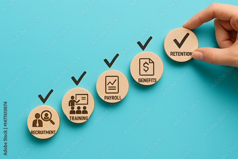 Poster a hand arranges circular wooden icons with checkmarks showing workflow stages. concept of business p