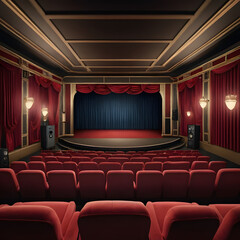Fototapeta premium Elegant Empty Vintage Movie Theater Auditorium Red Seats Stage Curtains