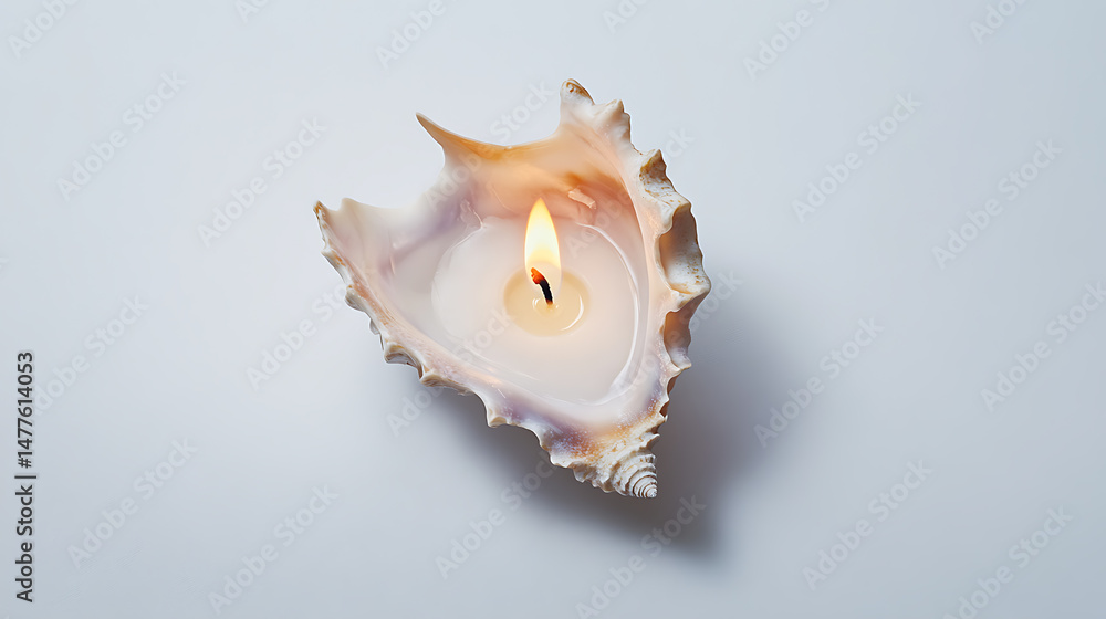 Poster shell candle: a candle burning inside a seashell, providing a serene and natural ambiance. soft ligh