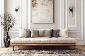 Elegant living room featuring a luxurious beige tufted sofa with decorative pillows. a stylish vase with branches. and an artistic wall painting. creating a sophisticated atmosphere