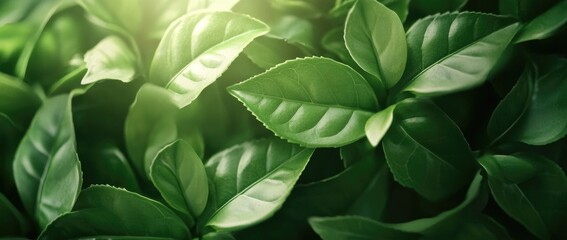 Obraz premium Lush green leaves glistening in the warm sunlight. creating a serene atmosphere in a tranquil natural setting. perfect for nature-themed projects or backgrounds