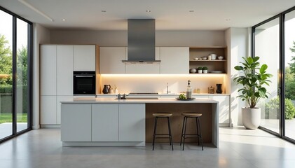 Sleek modern kitchen with stainless steel appliances and minimalist design Island with seating , kitchen renovation, open plan, modern home