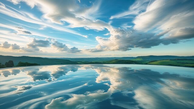 Serene landscape reflected in a still pool of water. The tranquil scene features a breathtaking view of rolling hills under a dramatic sky.