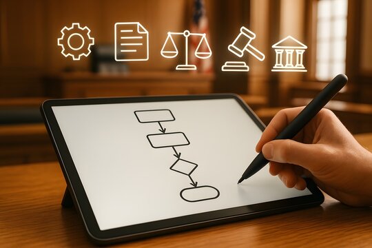 A hand draws a flowchart on a tablet with legal and finance icons floating above. Concept of process mapping and regulatory planning.

