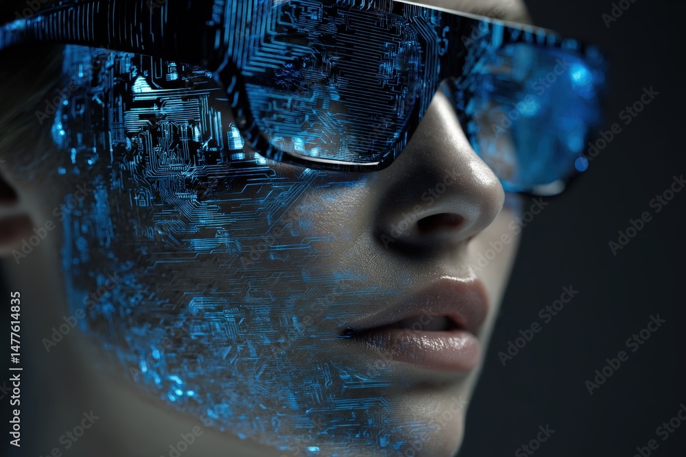 Poster close-up of a person wearing futuristic glasses with digital circuit patterns.