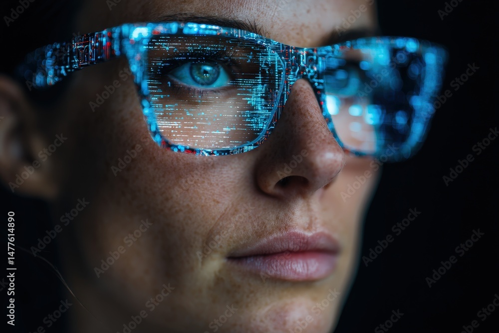 Poster close-up view of a person wearing glasses with digital code projected through the lenses.