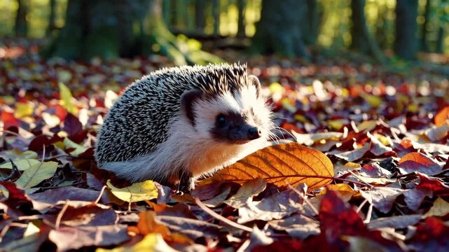 Curious hedgehog foraging through autumn leaves in sunlit forest setting