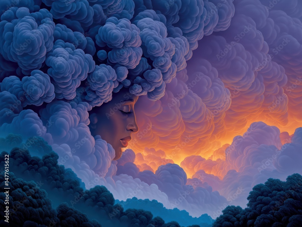 Poster ethereal clouds swirl around a serene face illuminated by warm sunset hues creating a dreamy mystiqu