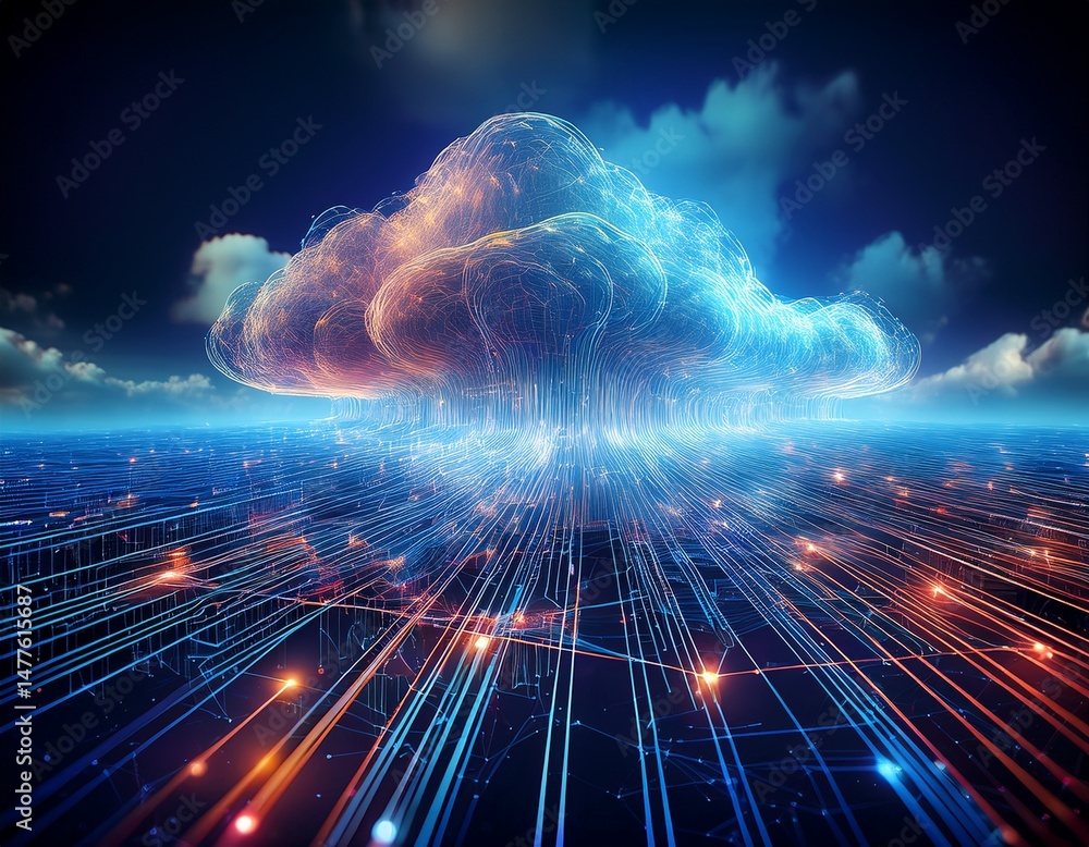 Poster digital clouds with interconnected data streams create vibrant atmosphere