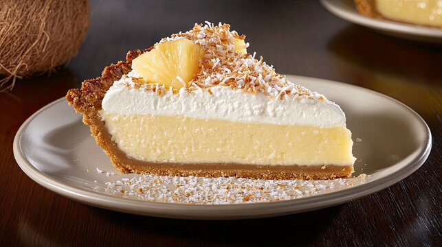 Brightly lit slice of coconut and pineapple cream cheese pie on an off-white plate. Fluffy coconut topping enhances the tropical atmosphere
