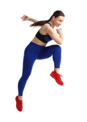 Woman in sportswear exercising on white background
